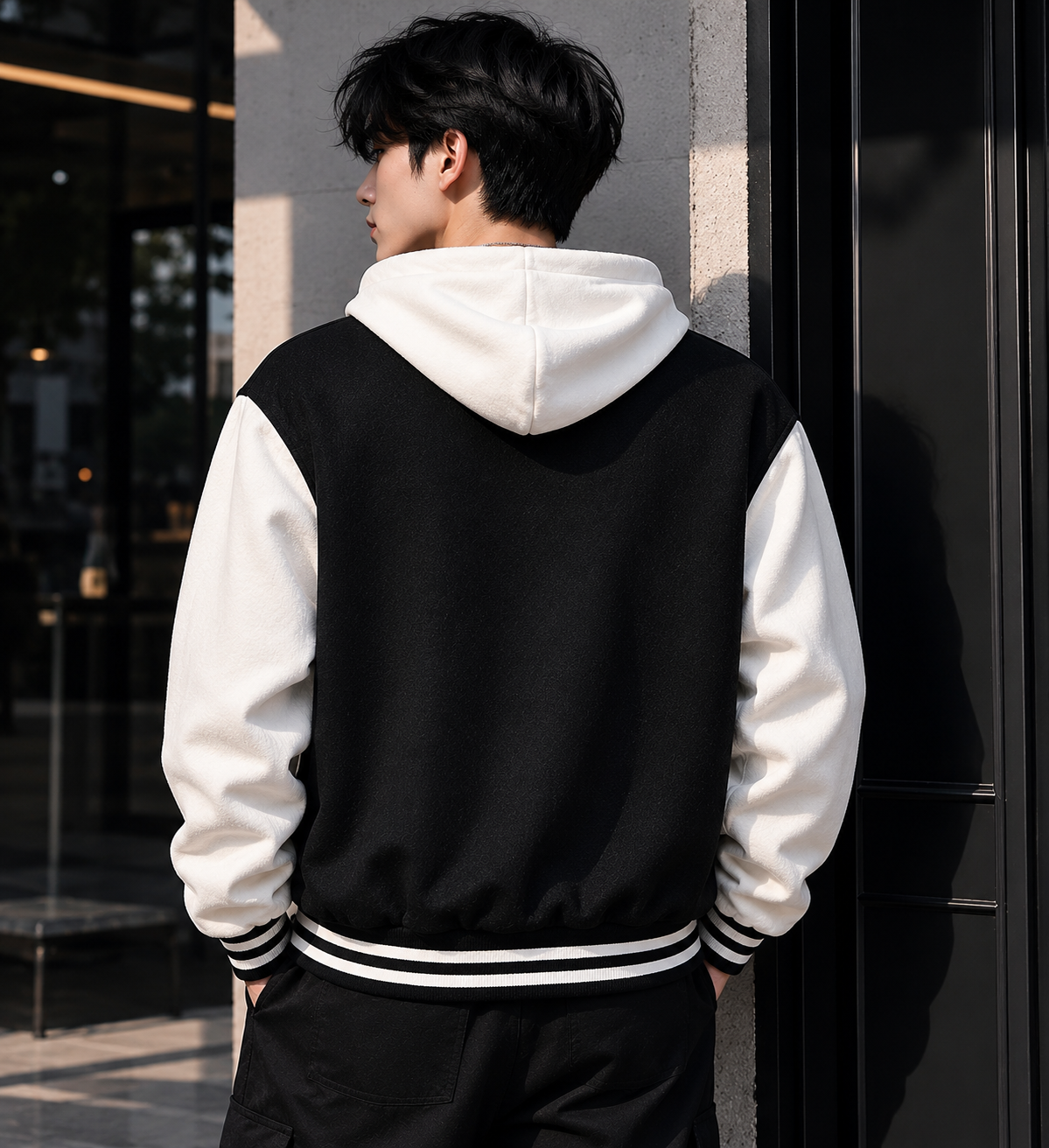Men's Varsity Hooded Bomber Jacket – Letterman Patch Fleece Baseball Jacket with Striped Trim, Oversized Streetwear Hoodie, Y2K Aesthetic – XXS to 5XL