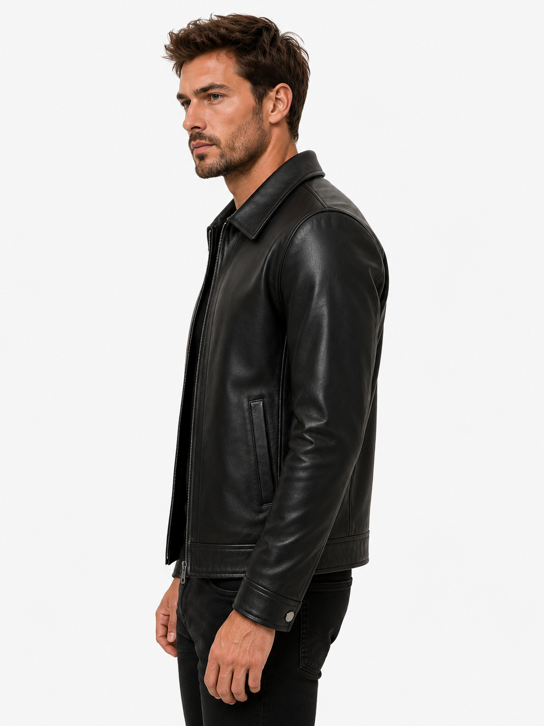 Men's Genuine Sheep Leather Jacket – "Like Father Like Son" DTF Print Biker Jacket, Father's Day Gift, Classic Collar Zip-Up – XXS to 5XL