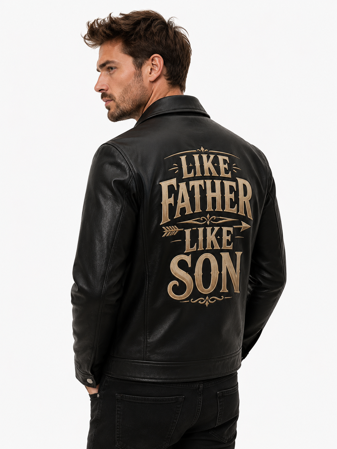 Men's Genuine Sheep Leather Jacket – "Like Father Like Son" DTF Print Biker Jacket, Father's Day Gift, Classic Collar Zip-Up – XXS to 5XL