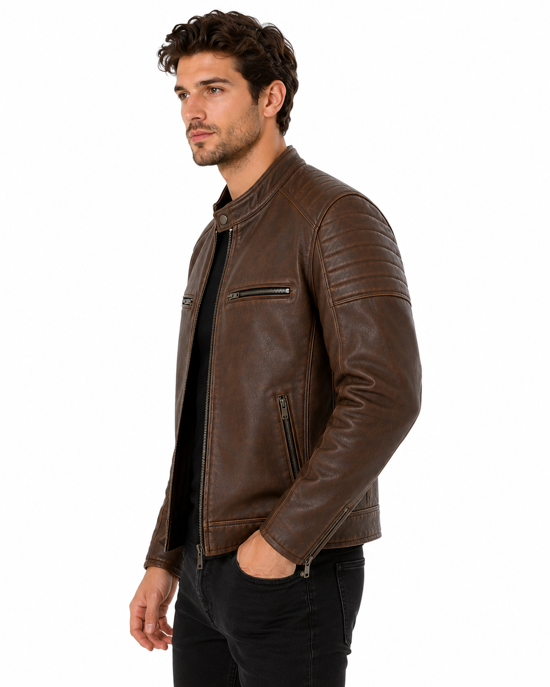 Men's Genuine Sheep Leather Jacket – Distressed Brown Moto Jacket