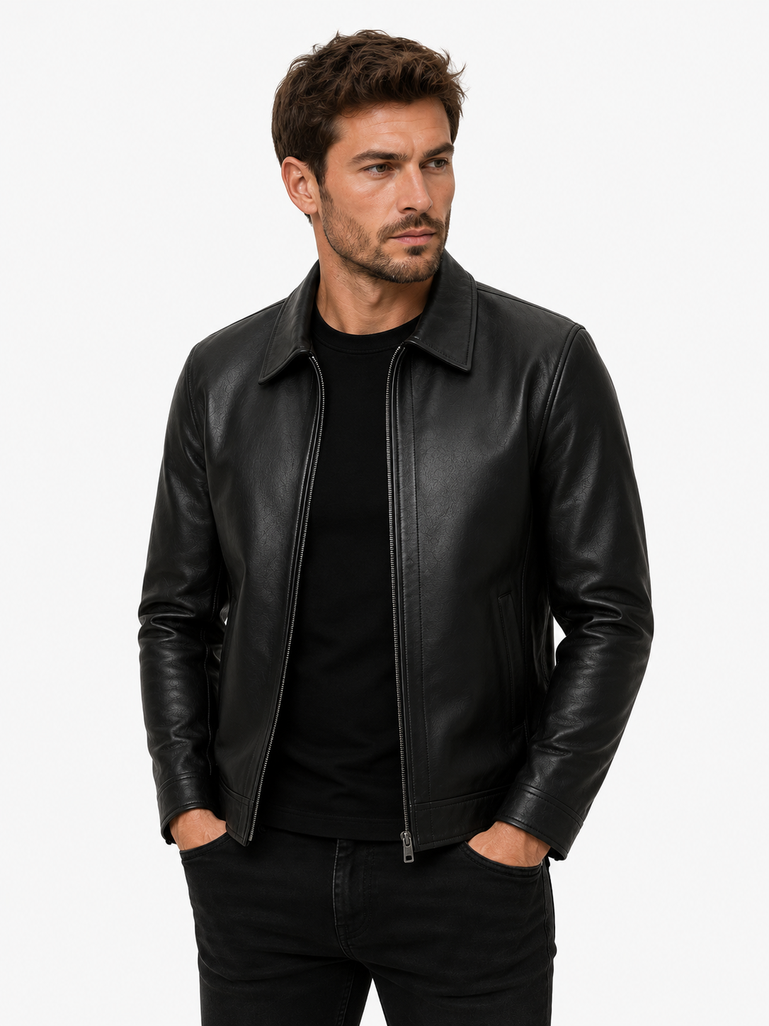 Men's Genuine Sheep Leather Jacket – "Like Father Like Son" DTF Print Biker Jacket, Father's Day Gift, Classic Collar Zip-Up – XXS to 5XL