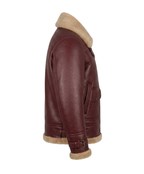 Brown leather jacket with beige fur lining on a white background

