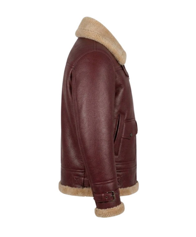 Brown leather jacket with beige fur lining on a white background


