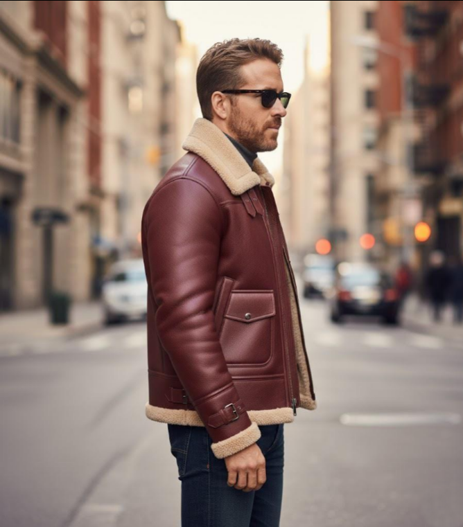 Man wearing a brown leather jacket with shearling trim on a city street.

