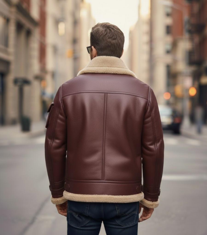 Man wearing a brown leather jacket with fur trim walking down a city street.

