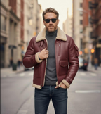 Man wearing a maroon leather jacket with fur lining on a city street.

