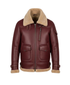Brown leather jacket with beige fur collar and trim on a white background

