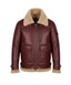 Brown leather jacket with beige fur collar and trim on a white background


