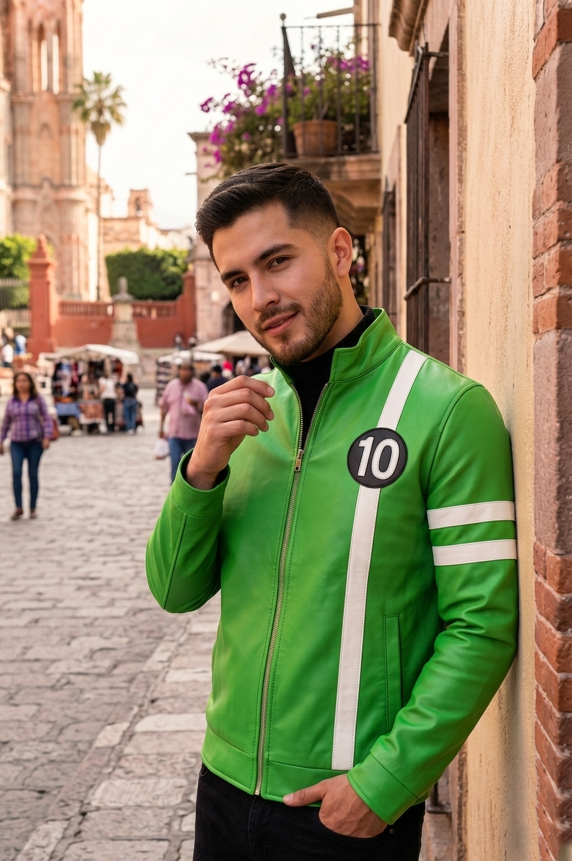 Man wearing a green jacket with a number 10 patch, standing on a street.