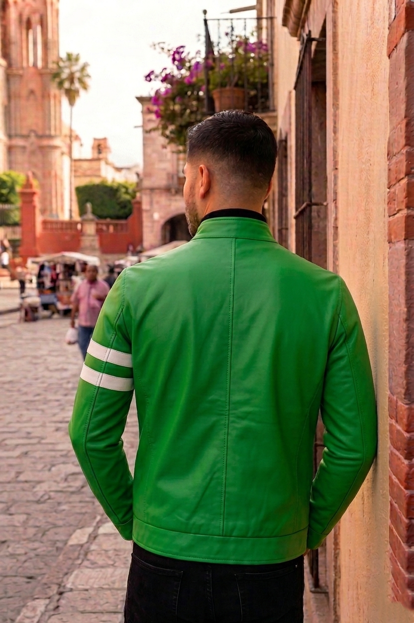 Person wearing a green jacket with a white stripe on a street with buildings and people in the background