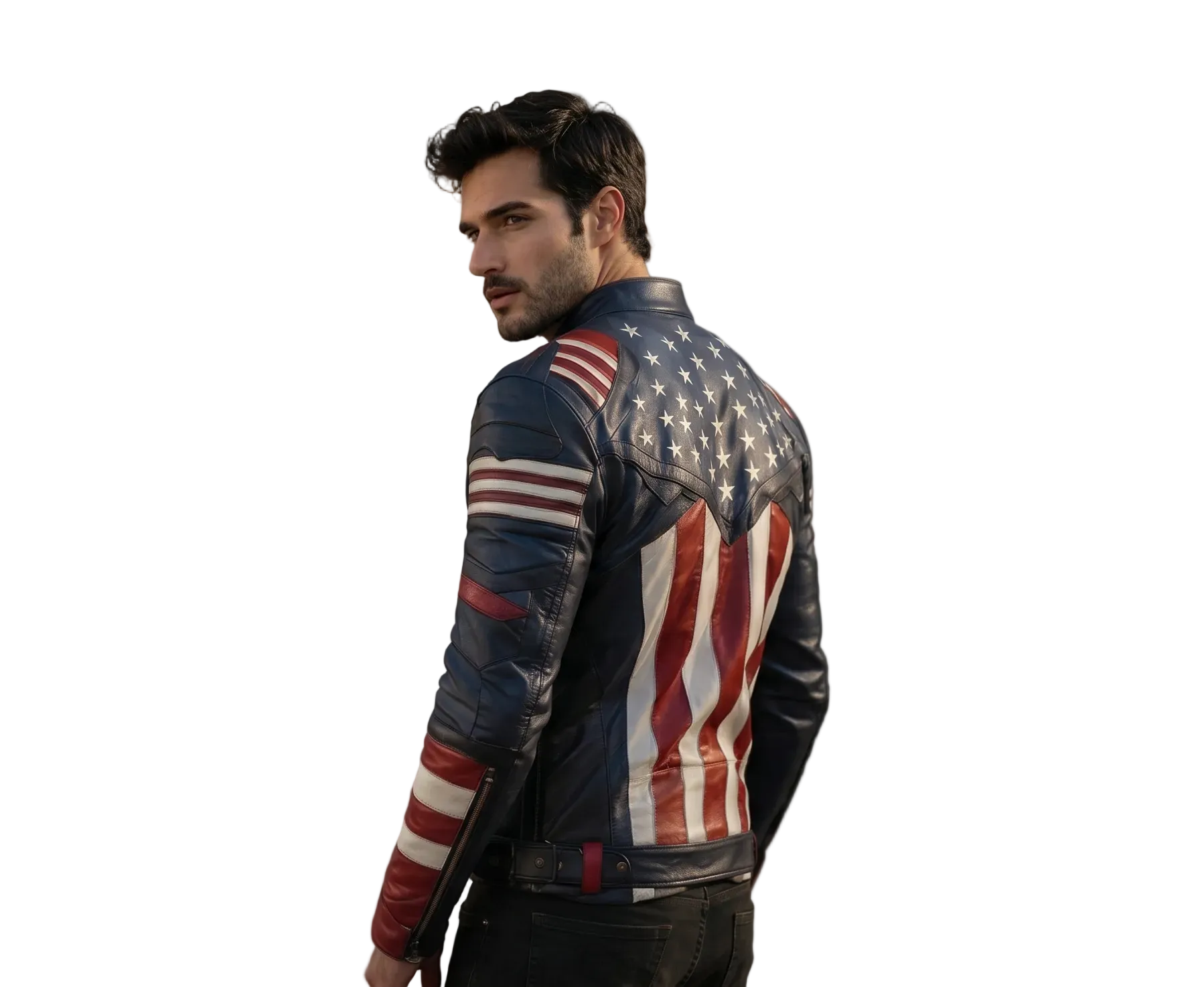 Captain America Inspired Leather Jacket | American Flag Biker Jacket | Patriotic Red White Blue Motorcycle Jacket for Men