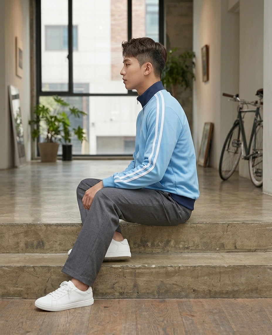 Sung Jin-Woo Solo Leveling Track Jacket – Light Blue & Navy Two Stripe Zip-Up | Unisex Korean Streetwear Anime Jacket