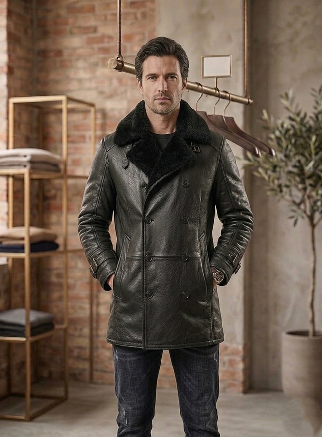 Handmade Men Black Leather Coat Faux Fur Collar  Jacket Faux or Real Sheep Leather XXS-5XL. Hover Image