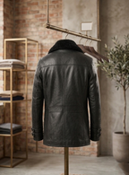 Handmade Men Black Leather Coat Faux Fur Collar  Jacket Faux or Real Sheep Leather XXS-5XL.