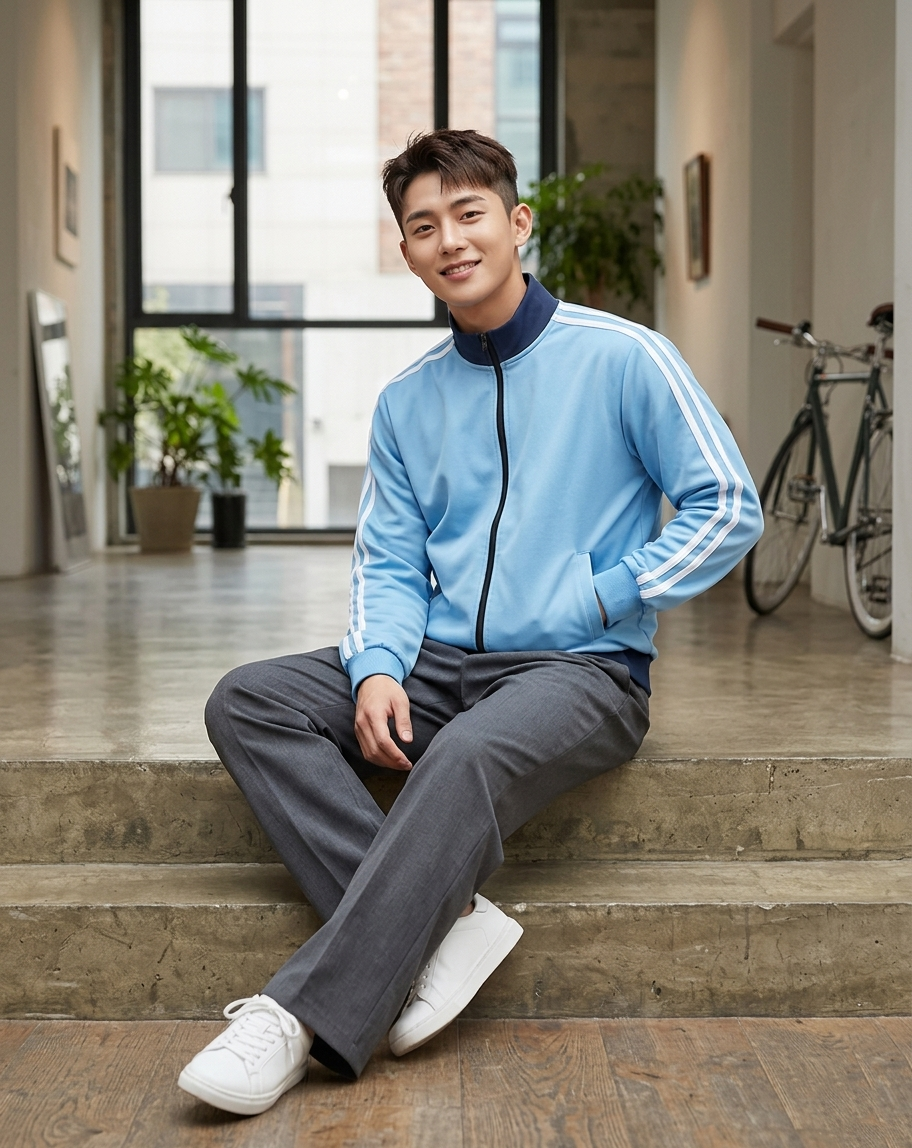 Sung Jin-Woo Solo Leveling Track Jacket – Light Blue & Navy Two Stripe Zip-Up | Unisex Korean Streetwear Anime Jacket