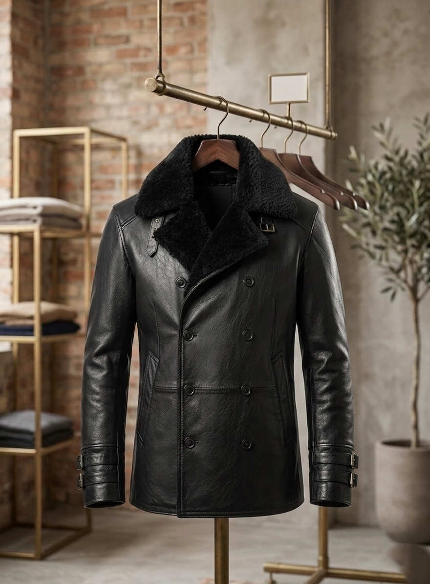 Handmade Men Black Leather Coat Faux Fur Collar  Jacket Faux or Real Sheep Leather XXS-5XL.