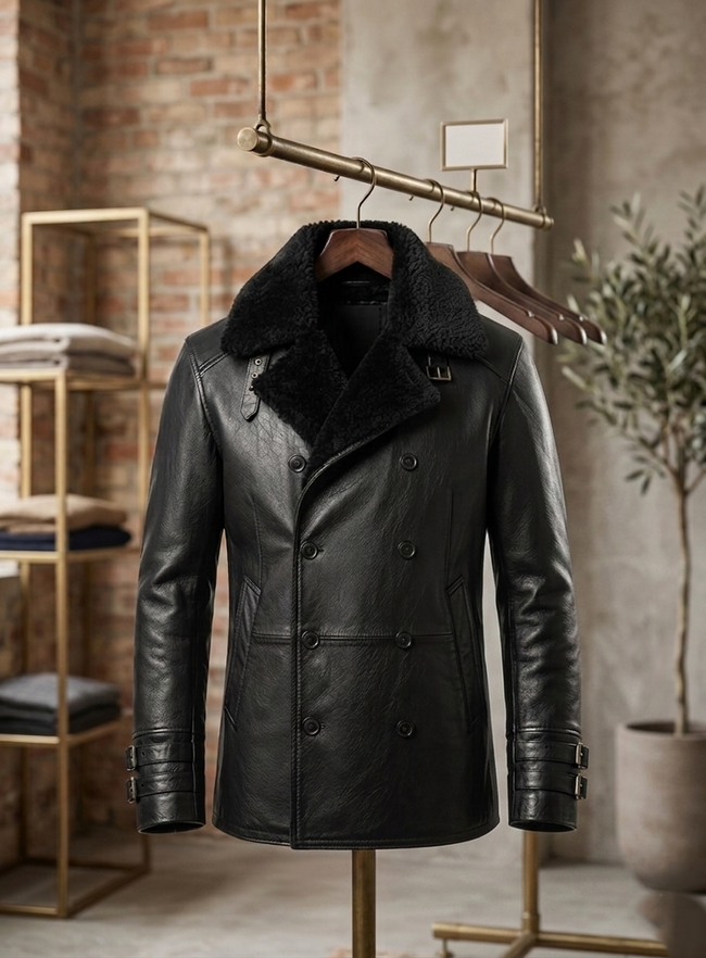 Handmade Men Black Leather Coat Faux Fur Collar  Jacket Faux or Real Sheep Leather XXS-5XL Main Image