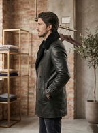 Handmade Men Black Leather Coat Faux Fur Collar  Jacket Faux or Real Sheep Leather XXS-5XL.
