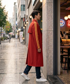 Mashle Anime Cosplay Trench Coat: Red Long Coat with Gold Sleeves.