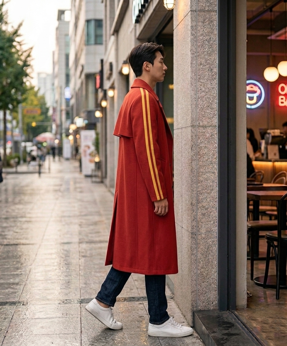 Mashle Anime Cosplay Trench Coat: Red Long Coat with Gold Sleeves.