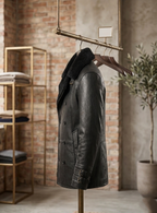 Handmade Men Black Leather Coat Faux Fur Collar  Jacket Faux or Real Sheep Leather XXS-5XL.