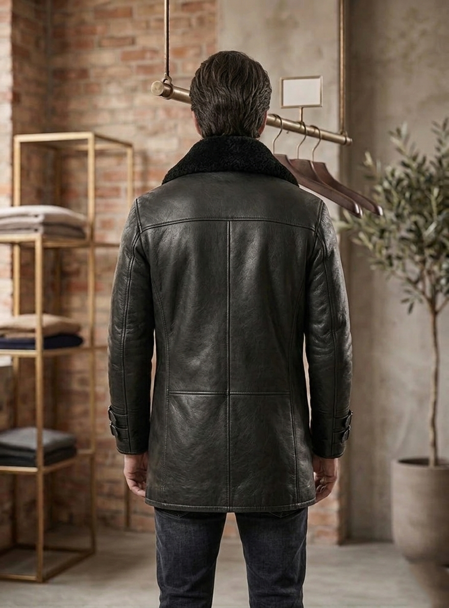 Handmade Men Black Leather Coat Faux Fur Collar  Jacket Faux or Real Sheep Leather XXS-5XL.