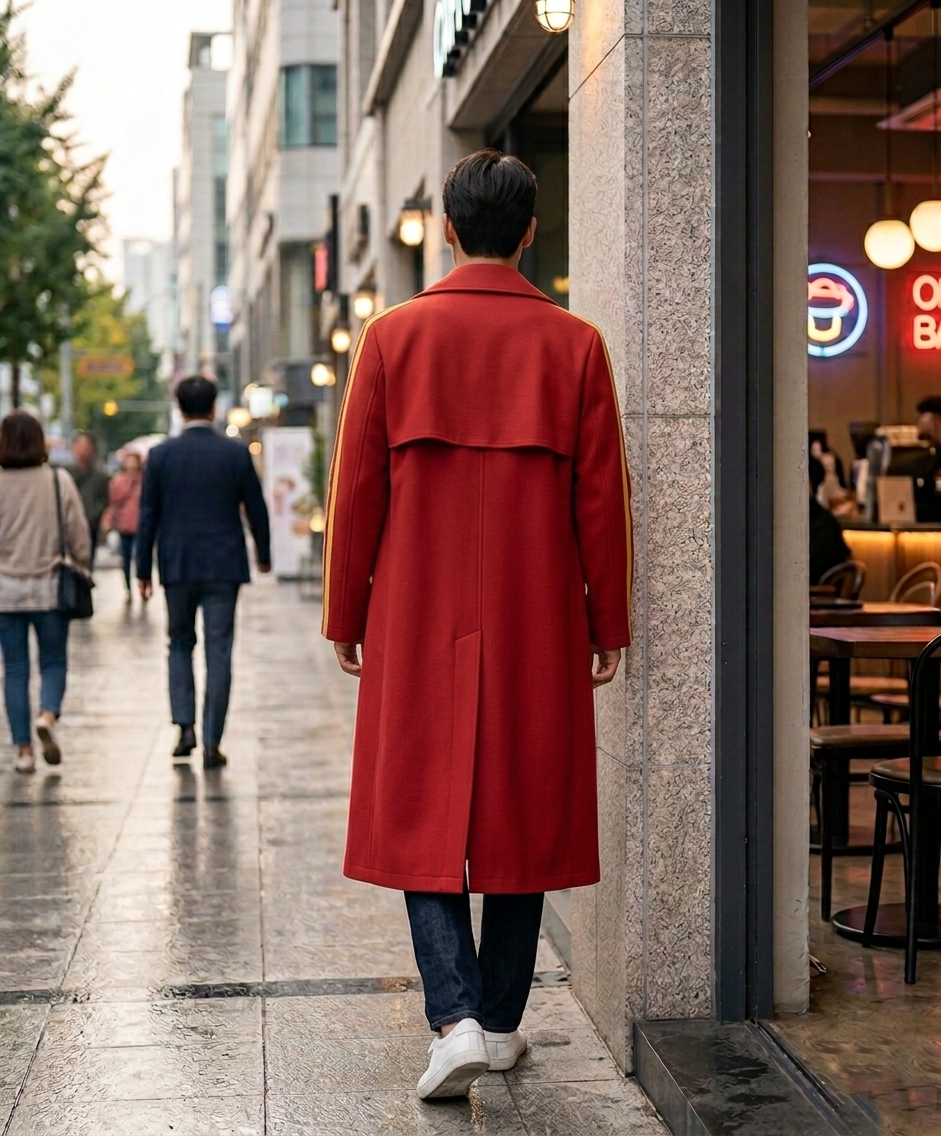 Mashle Anime Cosplay Trench Coat: Red Long Coat with Gold Sleeves.