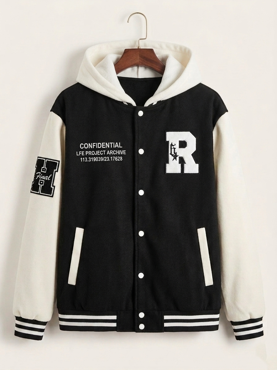 Men's Varsity Hooded Bomber Jacket – Letterman Patch Fleece Baseball Jacket with Striped Trim, Oversized Streetwear Hoodie, Y2K Aesthetic – XXS to 5XL