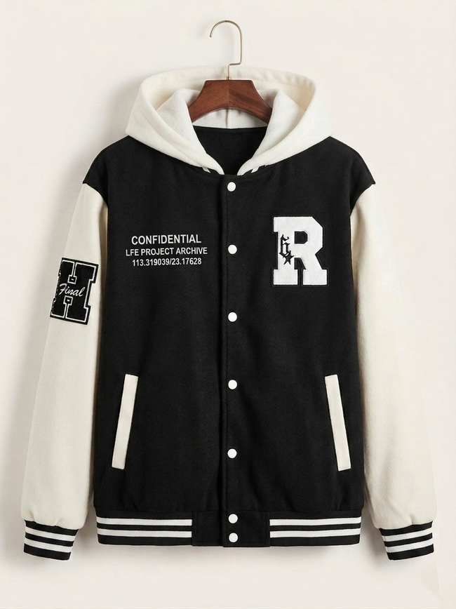 Men's Varsity Hooded Bomber Jacket – Letterman Patch Fleece Baseball Jacket with Striped Trim, Oversized Streetwear Hoodie, Y2K Aesthetic – XXS to 5XL Hover Image