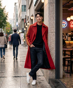 Mashle Anime Cosplay Trench Coat: Red Long Coat with Gold Sleeves.