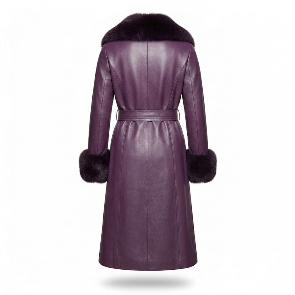 Purple Sheepskin Leather Coat for Women | Shearling Fur Trim Winter Jacket