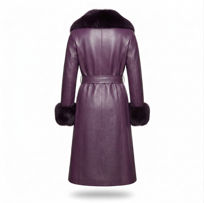 Purple Sheepskin Leather Coat for Women | Shearling Fur Trim Winter Jacket Main Image
