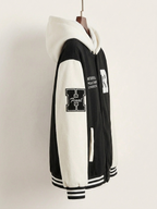 Men's Varsity Hooded Bomber Jacket – Letterman Patch Fleece Baseball Jacket with Striped Trim, Oversized Streetwear Hoodie, Y2K Aesthetic – XXS to 5XL