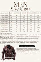 Men's size chart for a leather jacket with measurements and a brown jacket illustration.

