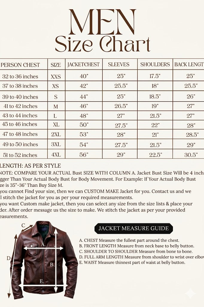 Men's size chart for a leather jacket with measurements and a brown jacket illustration.

