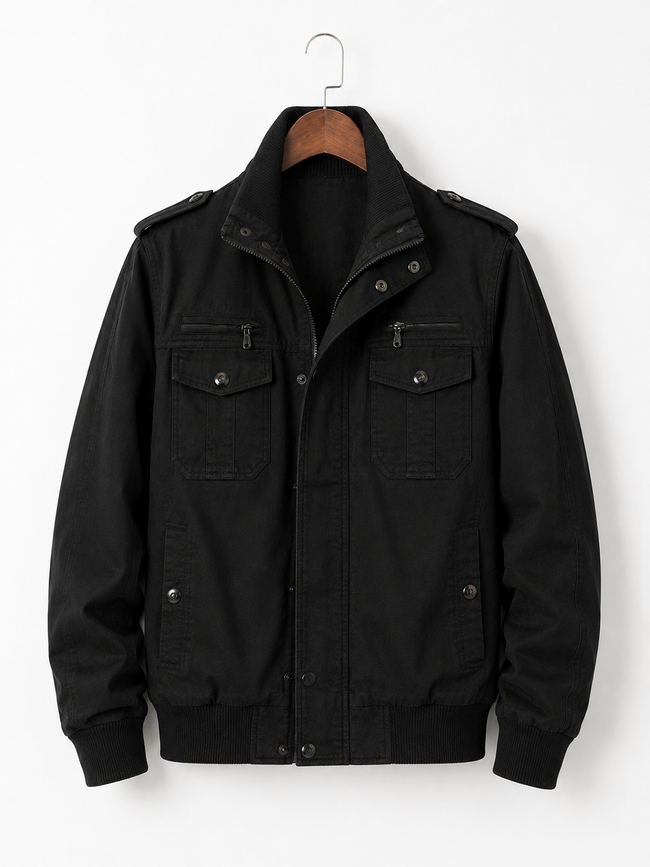 Men's Cotton Bomber Jacket – Black Military Style Field Jacket Hover Image