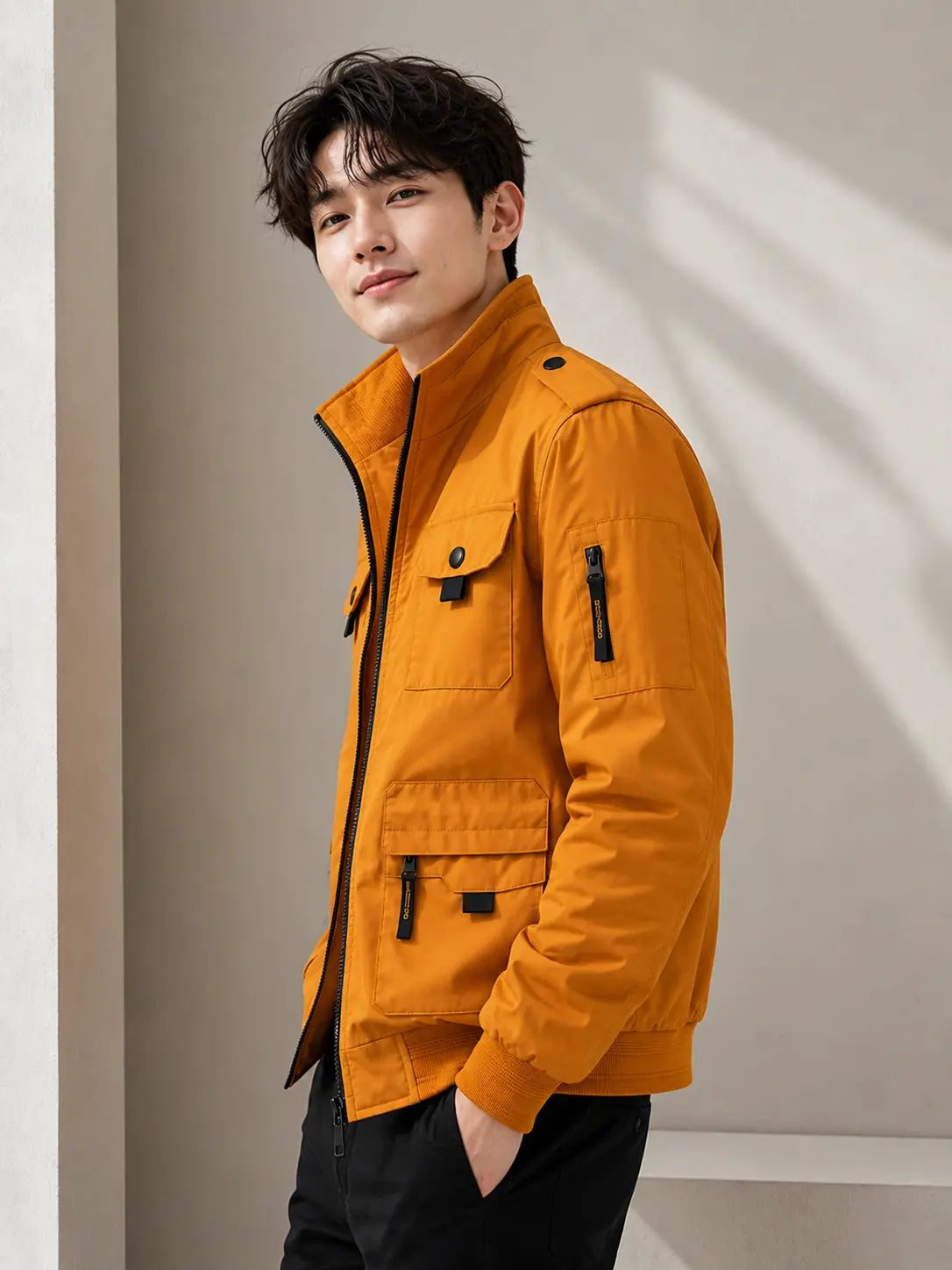 Men's Mustard Cotton Bomber Jacket – Quilted Military Field Jacket