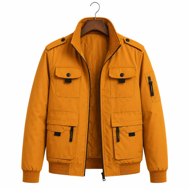 Men's Mustard Cotton Bomber Jacket – Quilted Military Field Jacket Hover Image