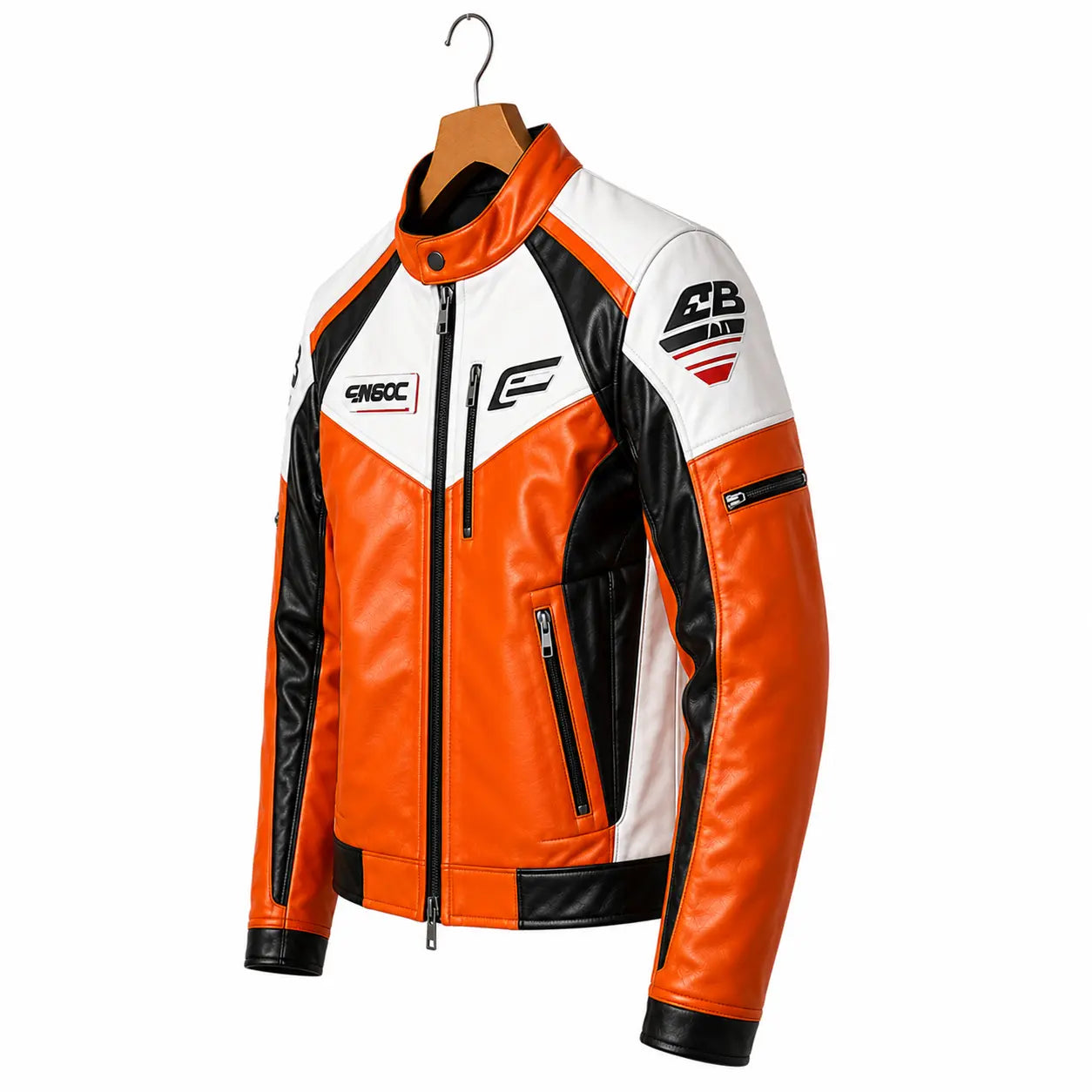 Men's Lambskin Leather Racing Jacket – Orange White Moto Biker Jacket