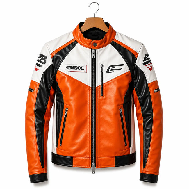 Men's Lambskin Leather Racing Jacket – Orange White Moto Biker Jacket Hover Image