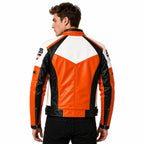 Men's Lambskin Leather Racing Jacket – Orange White Moto Biker Jacket