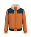 Orange and navy jacket with a white fur-lined hood on a white background


