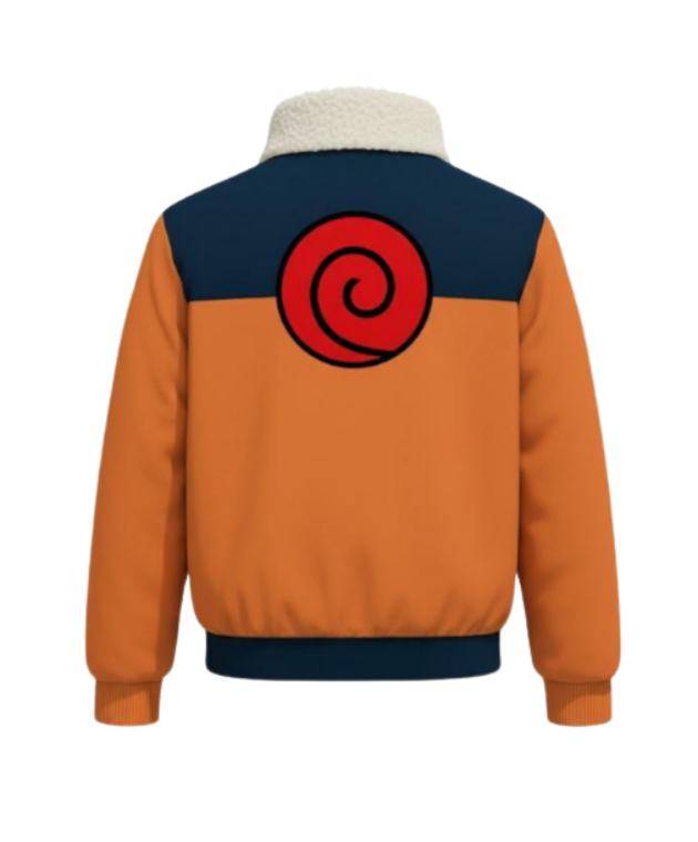 Orange and navy jacket with a red spiral design on the back against a white background

