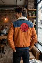 Person wearing a jacket with a spiral design in a casual setting

