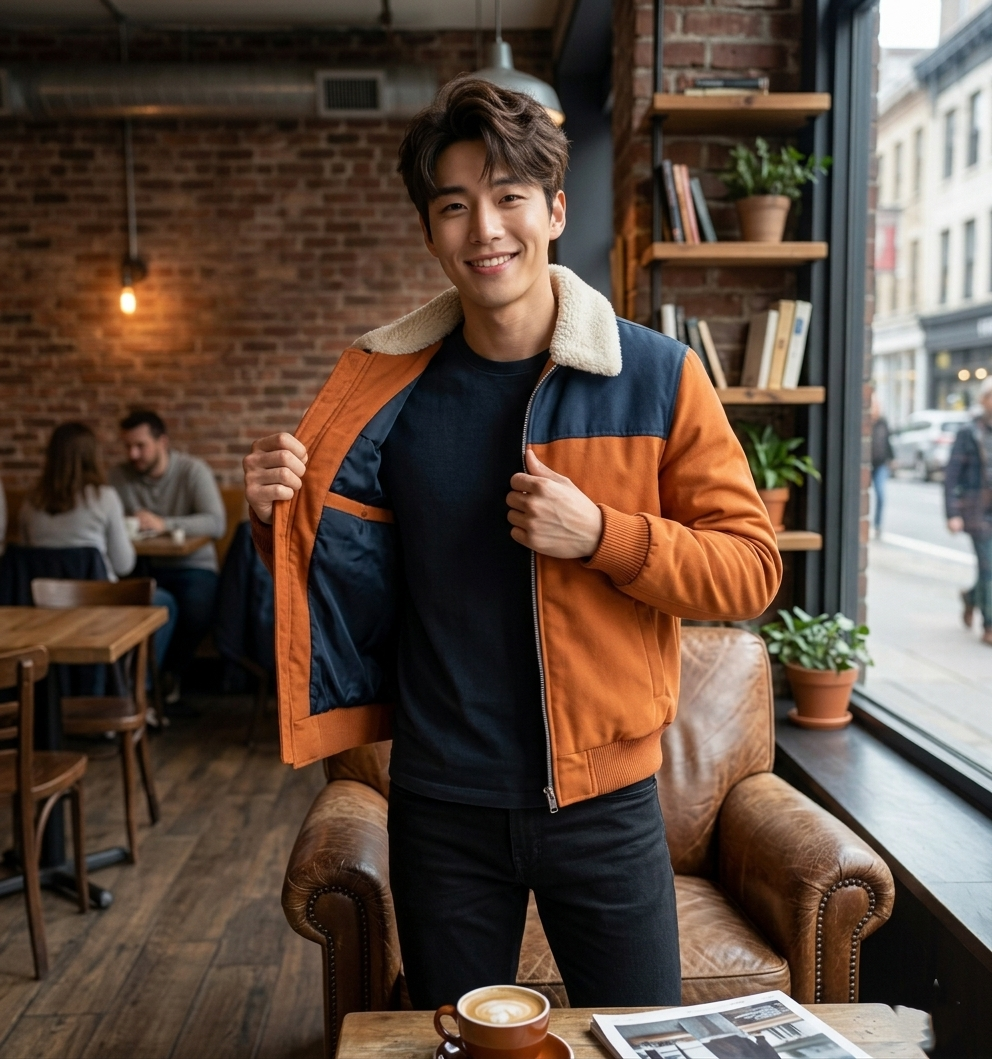 Man wearing an orange and navy jacket in a cozy cafe setting

