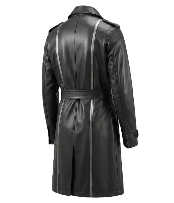 Black leather trench coat on a white background