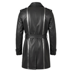 Black leather trench coat with silver stripes on a white background