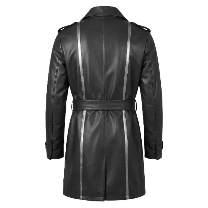 Black leather trench coat with silver stripes on a white background