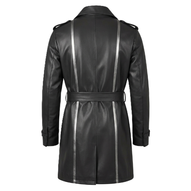 Robert Downey Jr Inspired Leather Trench Coat – Black Long Coat with Metallic Silver Panels | Handmade Luxury Unisex Overcoat Main Image