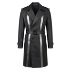 Black trench coat with reflective stripes on a white background